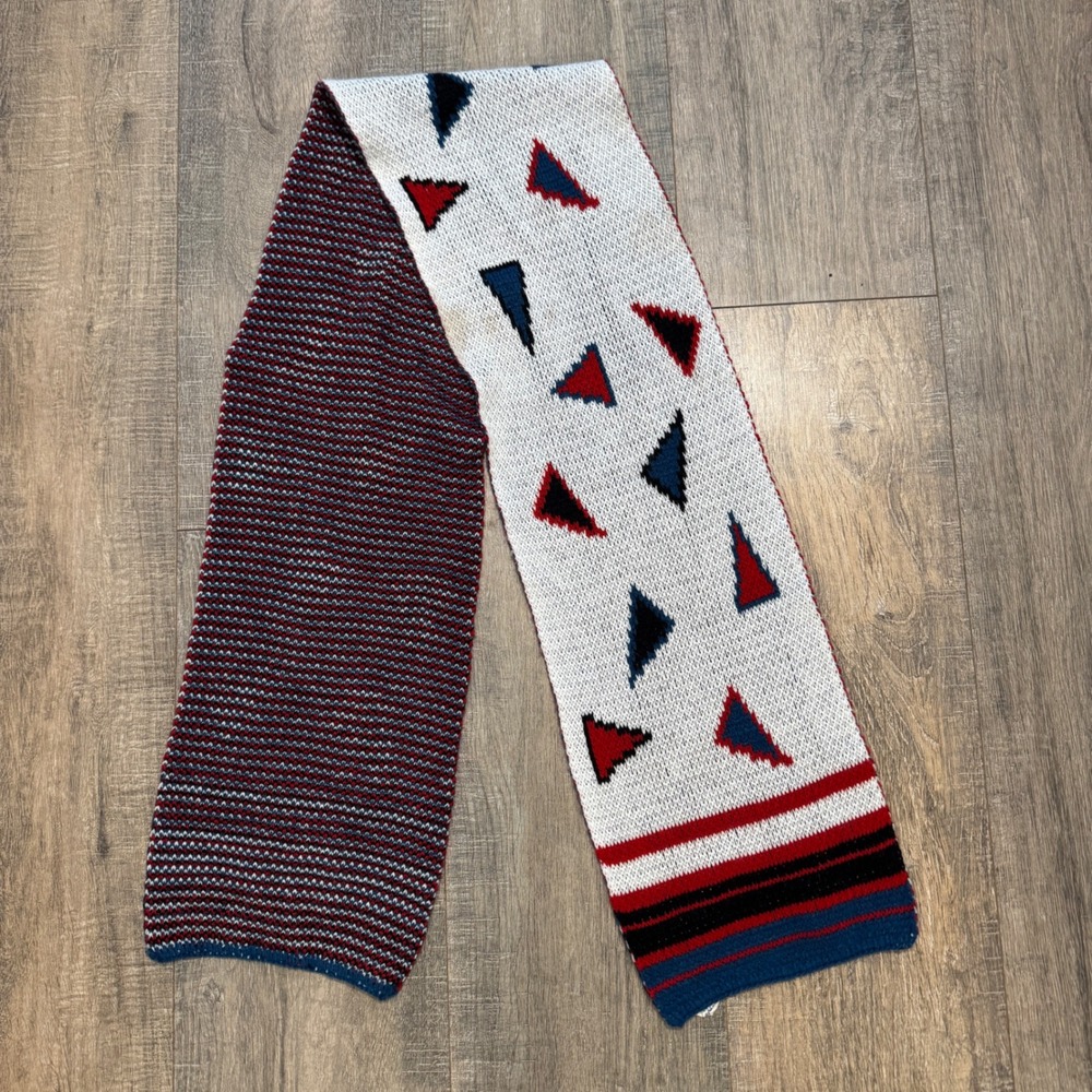 Vintage Hansen Geometric‎ Triangle Knit Scarf Red Navy White Made in USA 80s 90s